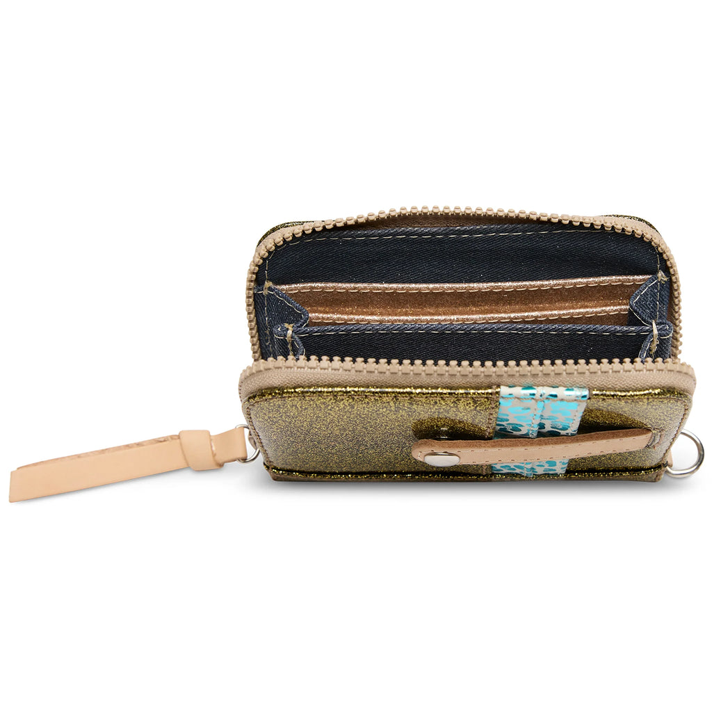 Consuela Oly Zippy Wallet in olive green glitter with zip closure
