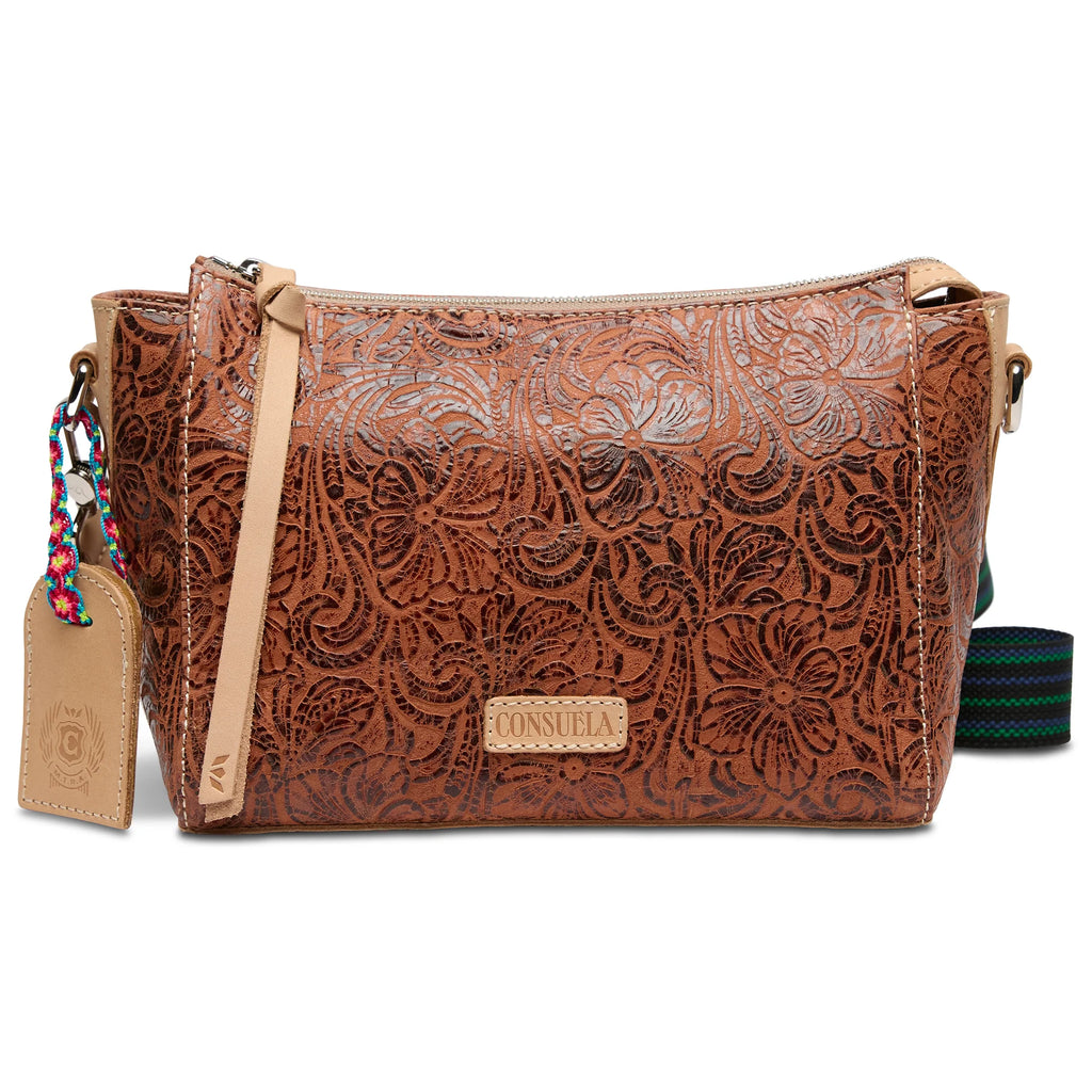 Consuela Sally City Bag in tooled leather with detachable woven crossbody strap
