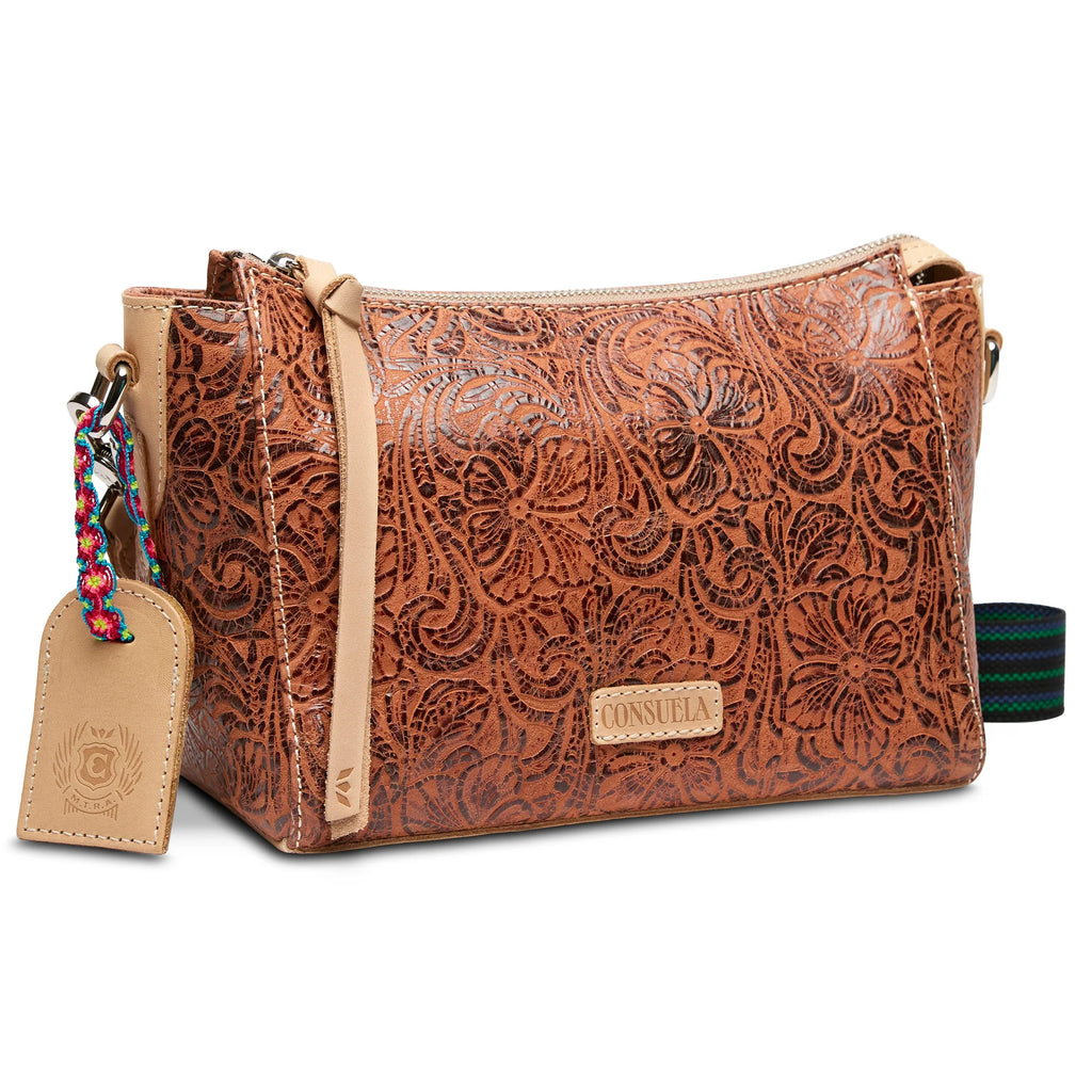 Consuela Sally City Bag in tooled leather with detachable woven crossbody strap