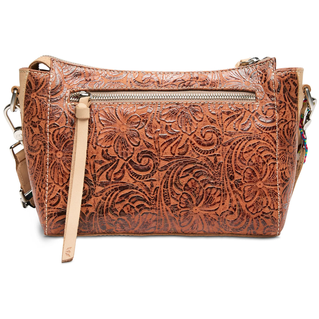 Consuela Sally City Bag in tooled leather with detachable woven crossbody strap