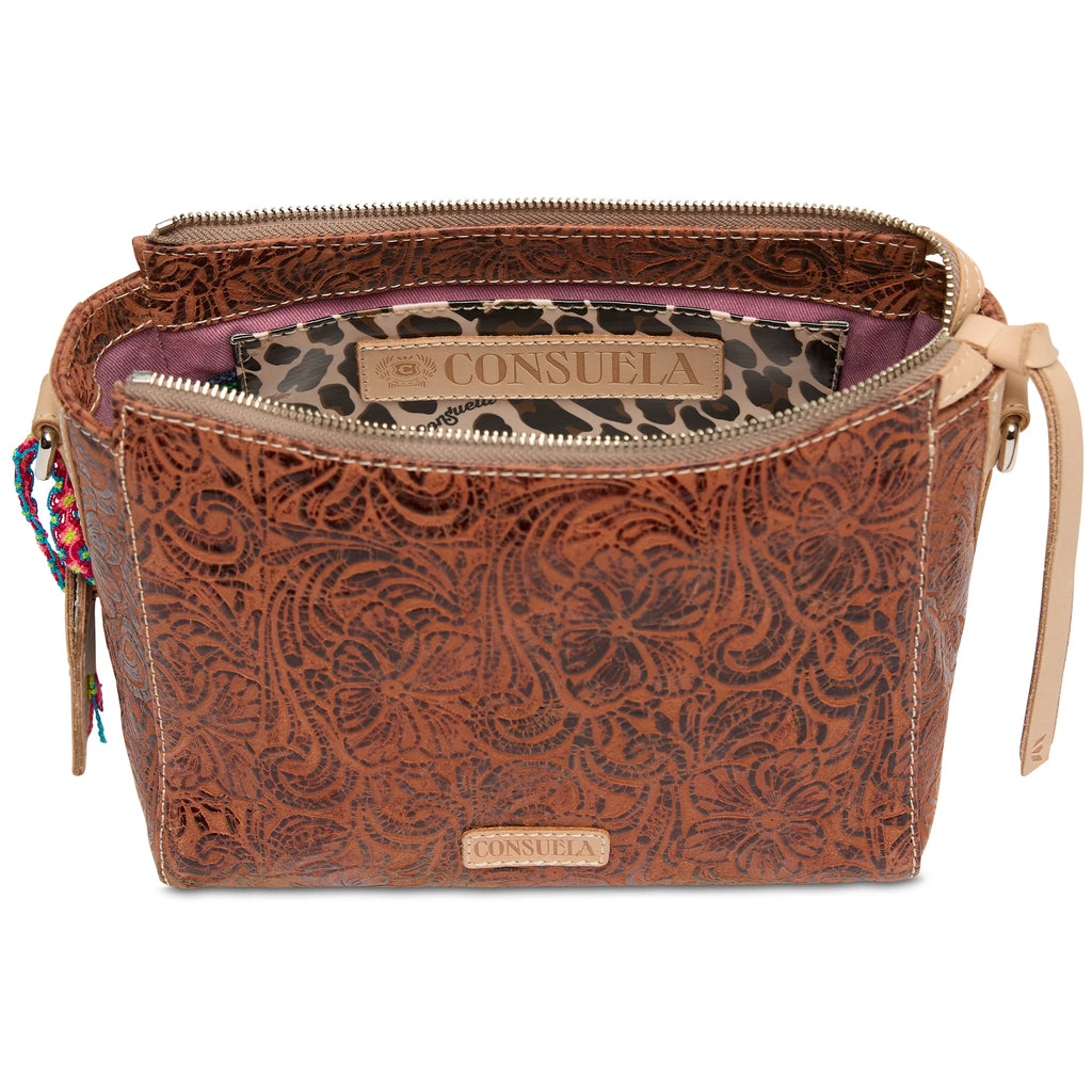 Consuela Sally City Bag in tooled leather with detachable woven crossbody strap