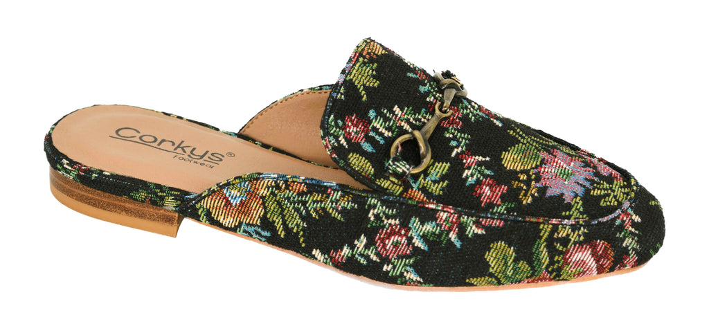 Corkys Charmer Black Floral Brocade Mules | Cornell's Country Store