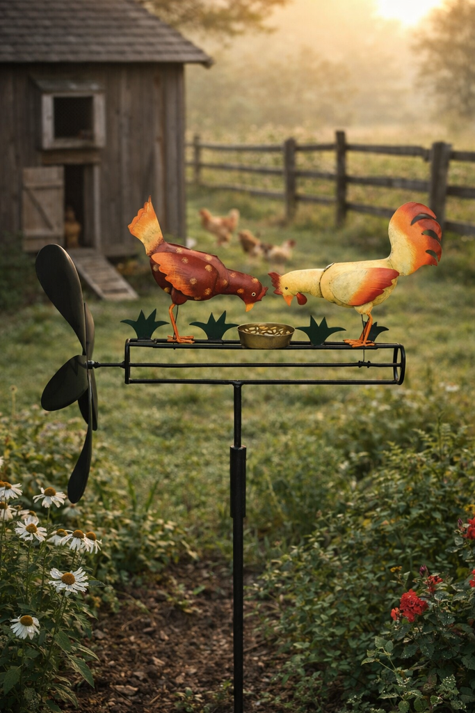Pecking Chickens Whirligig | Kinetic Garden Sculpture