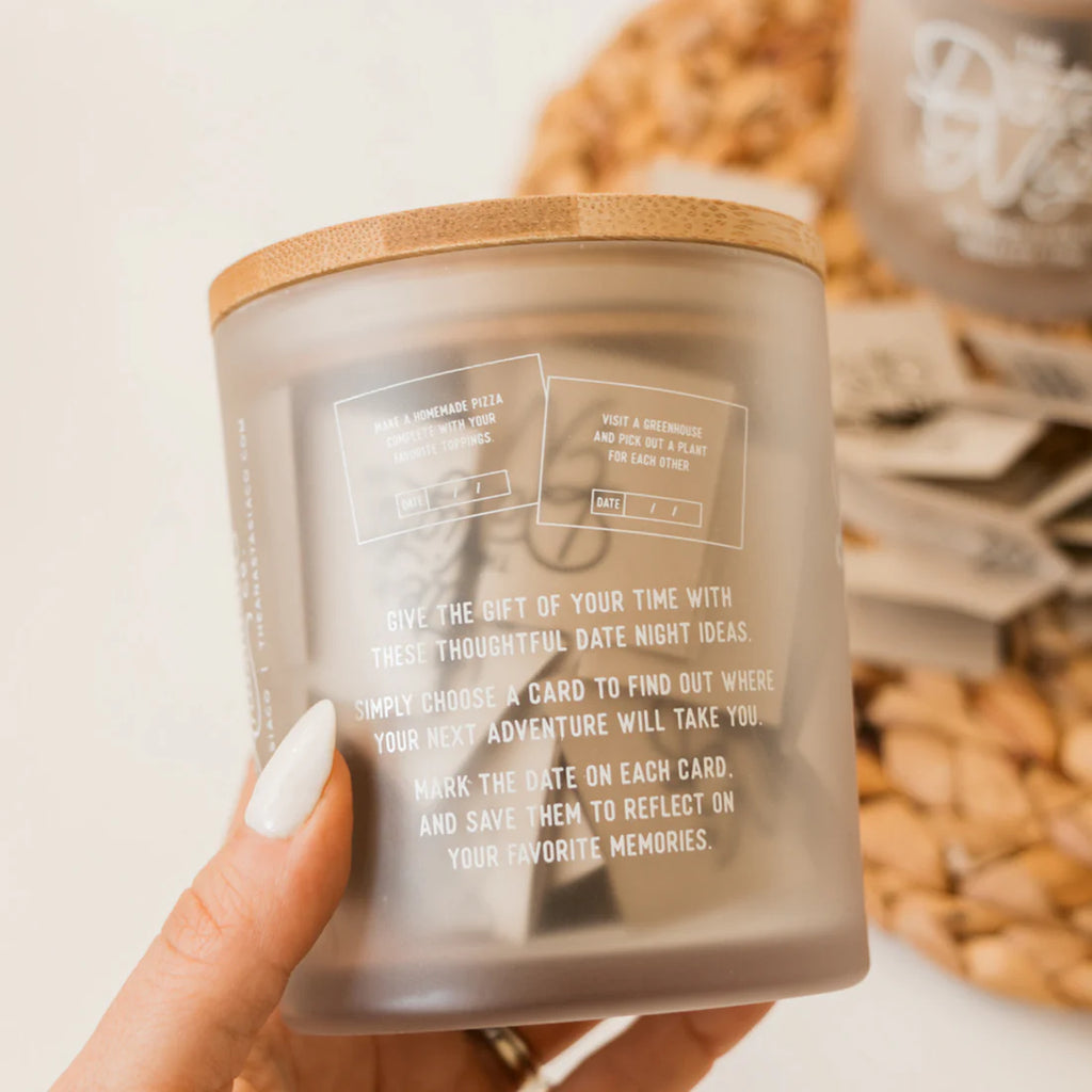 Frosted date night jar with bamboo lid and pre-folded cards for couples.