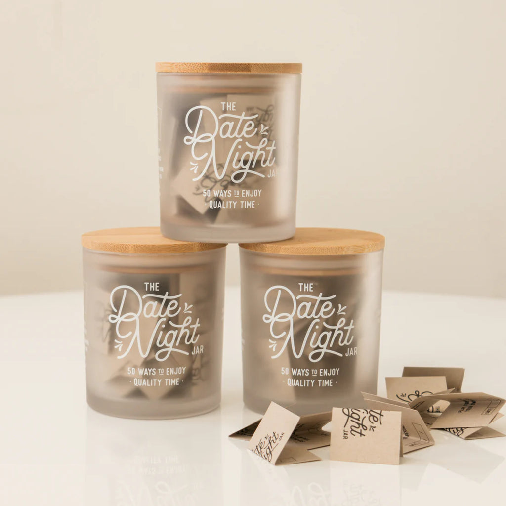Frosted date night jar with bamboo lid and pre-folded cards for couples.
