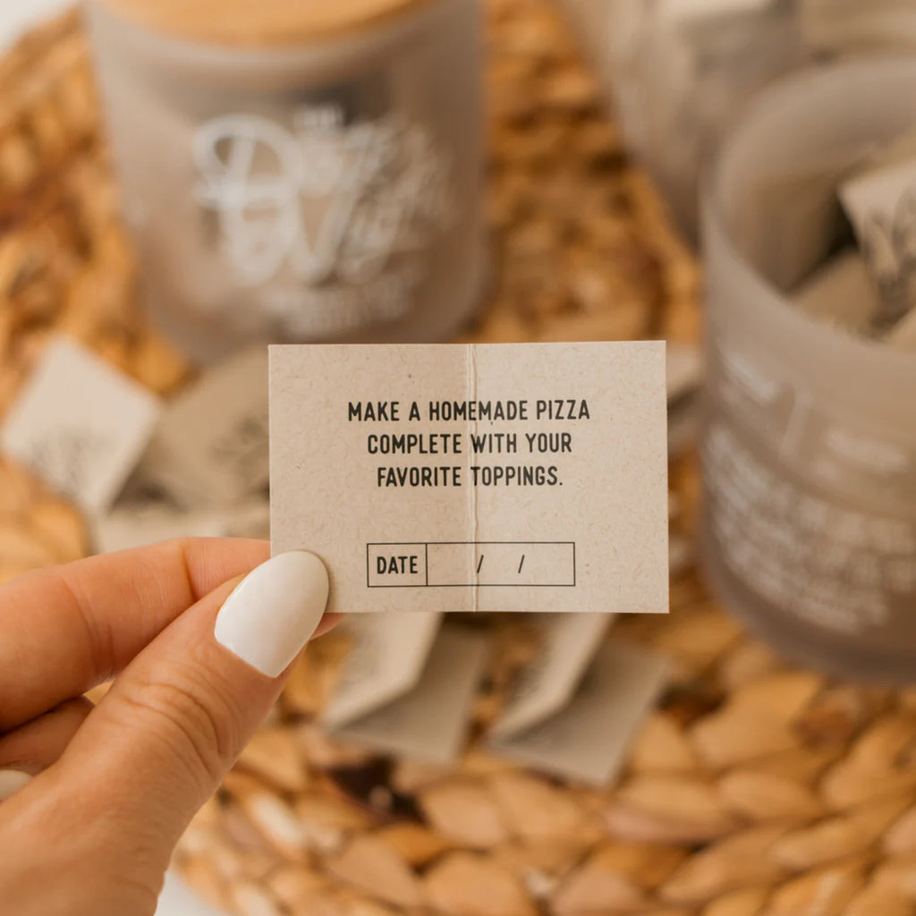 Frosted date night jar with bamboo lid and pre-folded cards for couples.