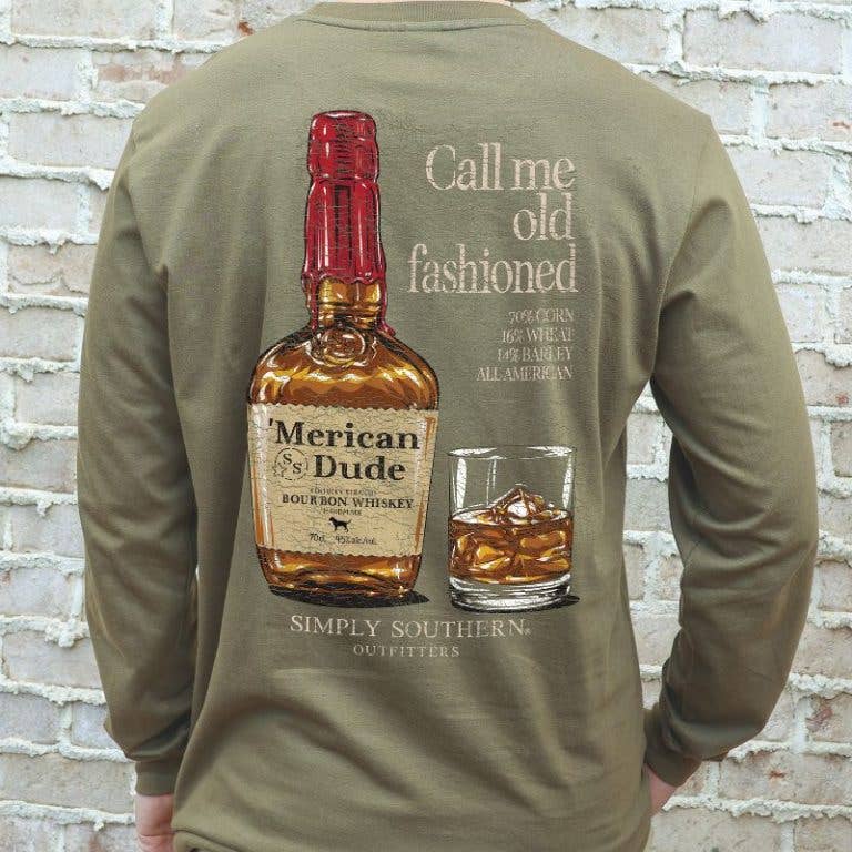 Simply Southern men’s Tupelo Green long sleeve tee with whiskey bottle and “Call me old fashioned” graphic