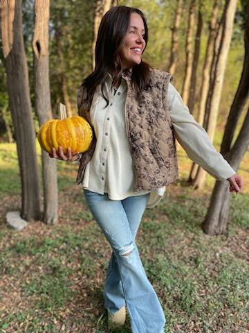 Quilted Brown Floral Zip Vest | Cornell's Country Store