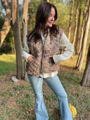 Quilted Brown Floral Zip Vest | Cornell's Country Store