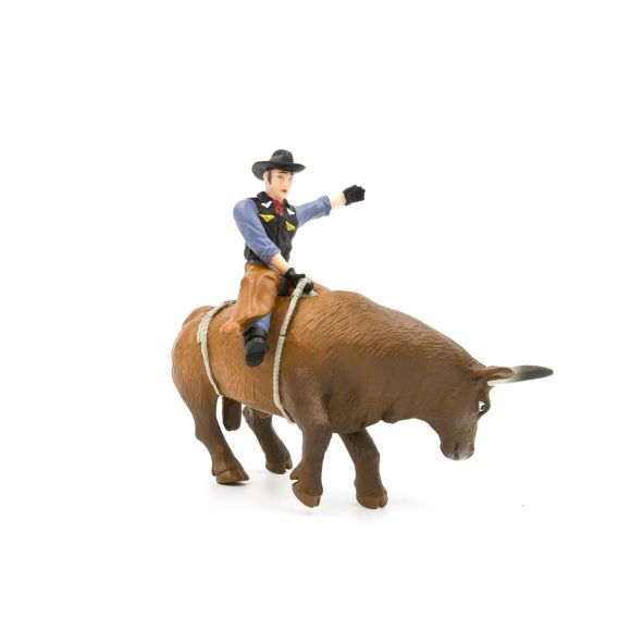 Little Buster Toys bucking bull with cowboy rider in mid-ride position