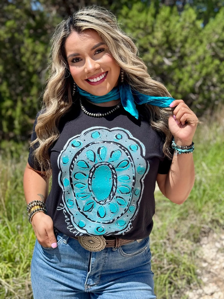 Callie’s Genuine Concho Tee with turquoise concho graphic