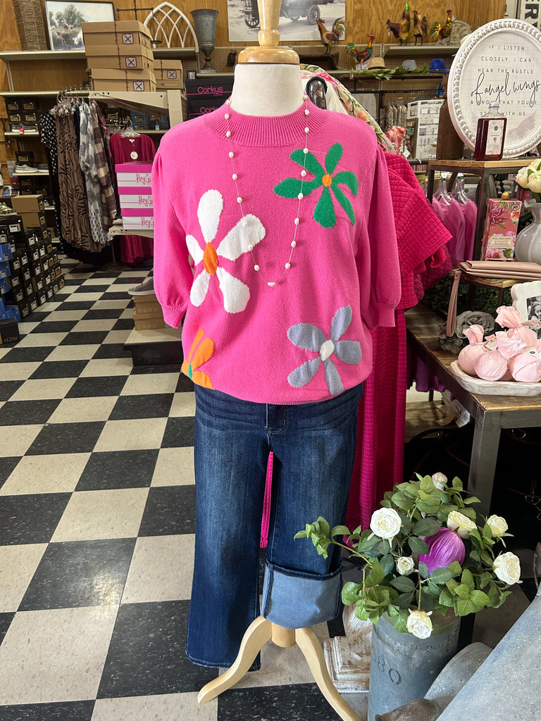 Pink Retro Flower Short Sleeve Sweater