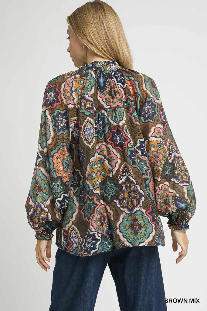 Bohemian print split neck blouse with long sleeves and lined body

