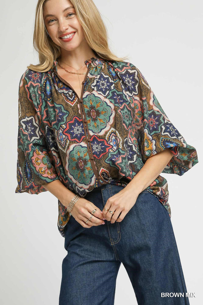 Brown multi print blouse with balloon sleeves and functional buttons

