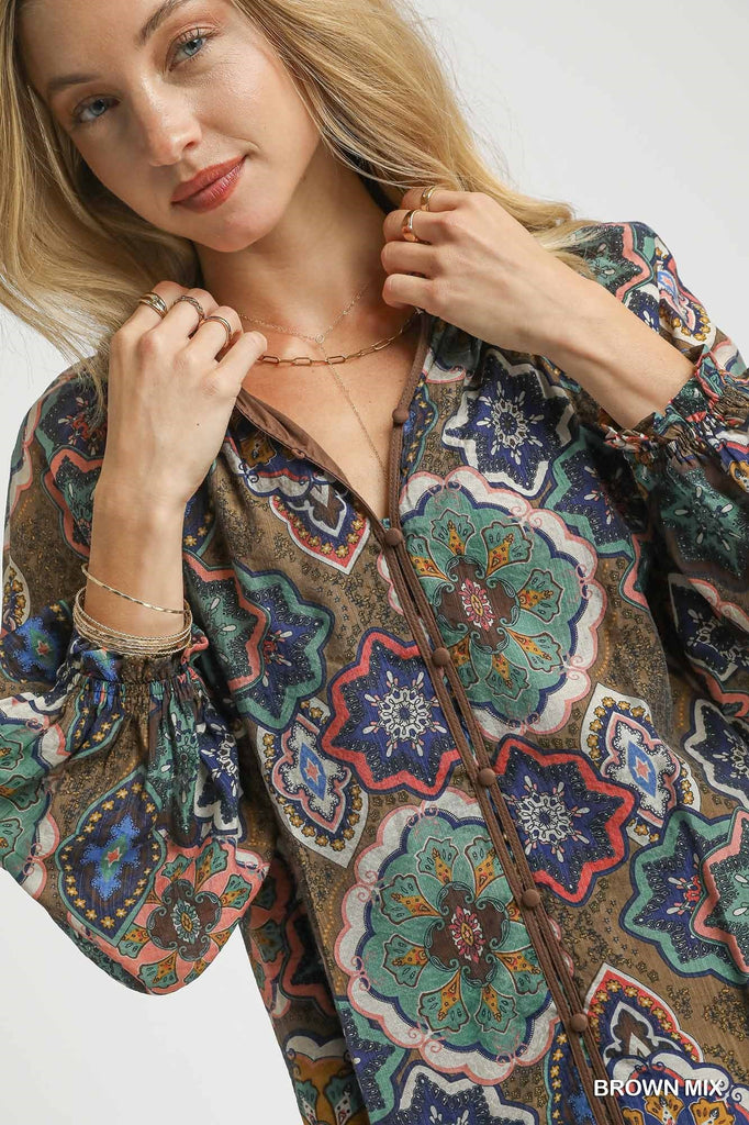 Women’s boho mosaic button down top with patterned print and lined body

