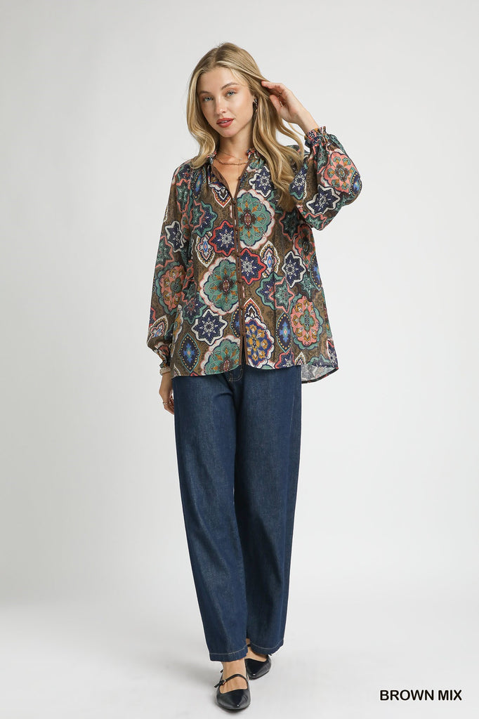 Brown mix patterned blouse with balloon sleeves and button front closure

