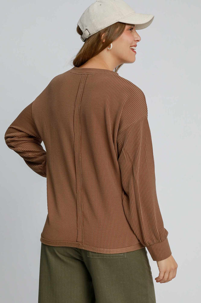 Brown textured top with relaxed fit and long sleeves

