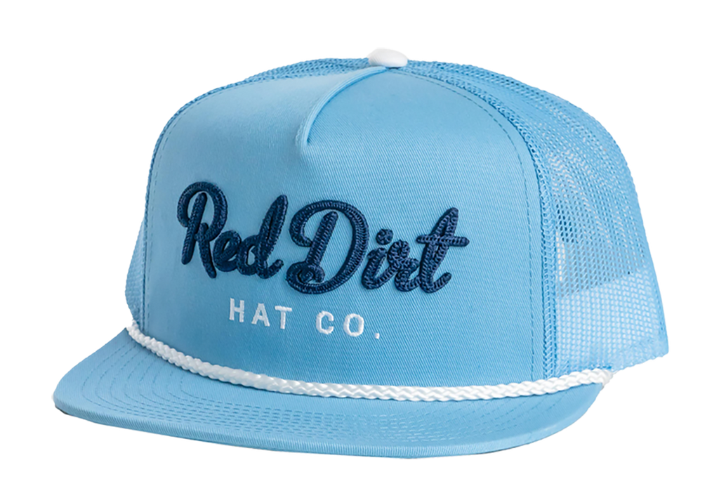 Light blue Red Dirt Hat Co. Cowboy Bill Cap with white mesh back and rope detail