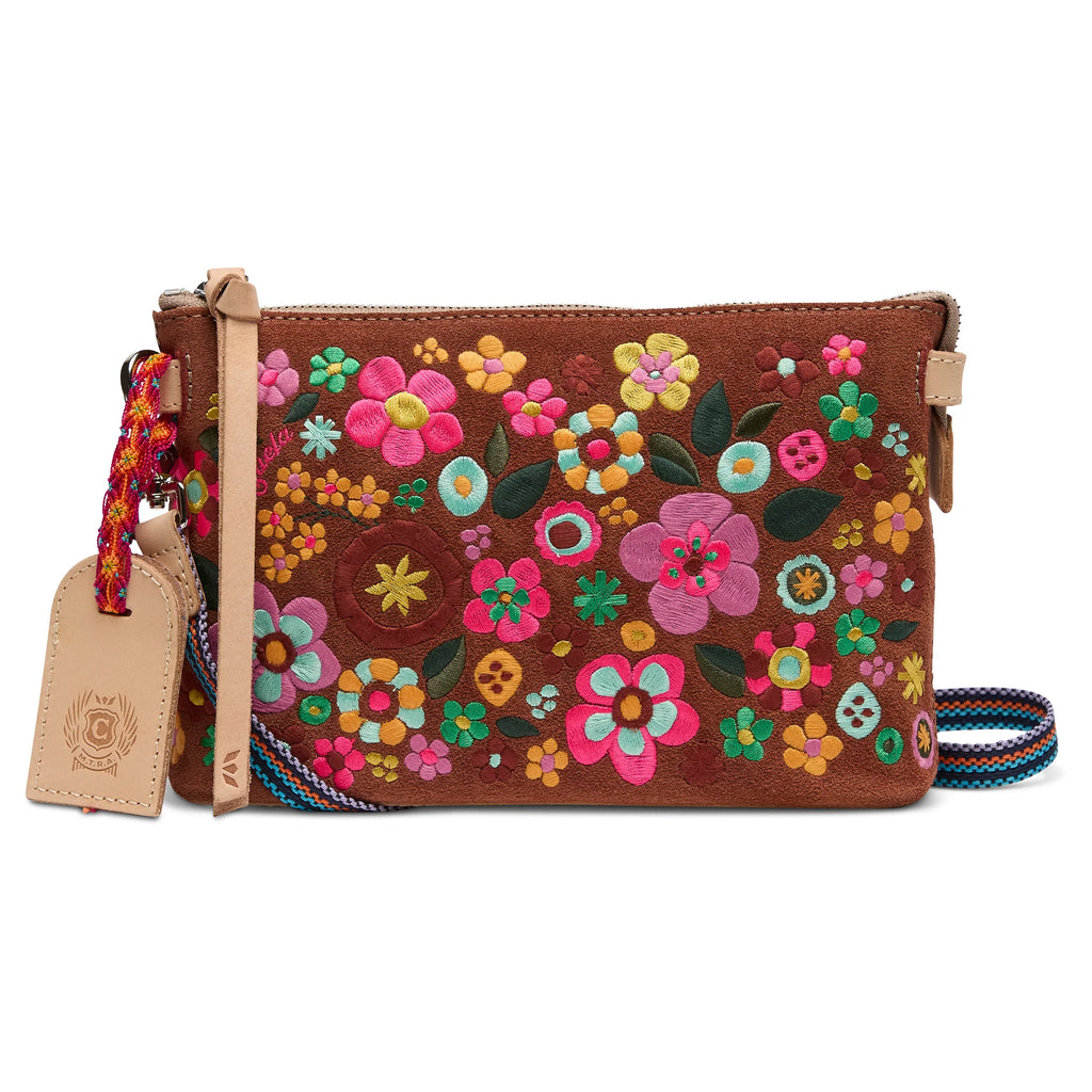 Consuela Sienna Midtown Crossbody in embroidered floral suede with detachable woven strap
