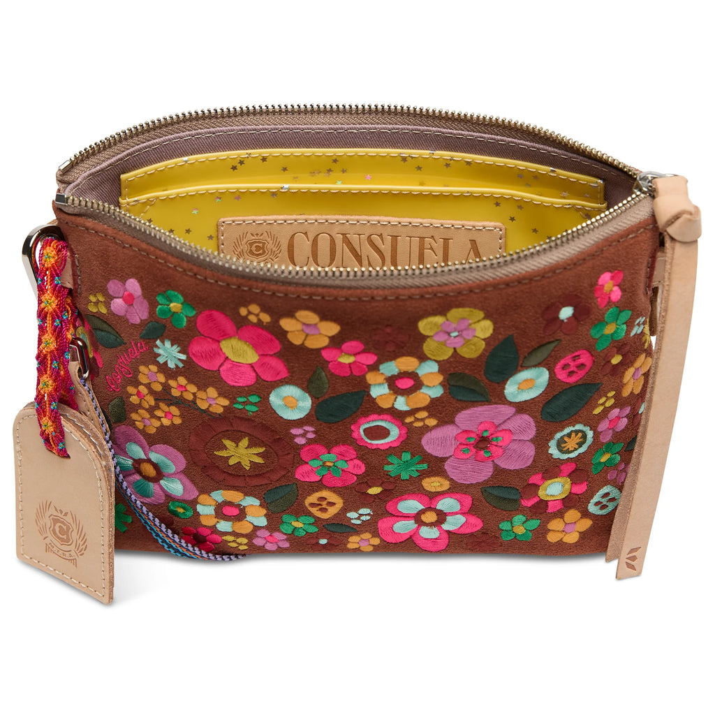 Consuela Sienna Midtown Crossbody in embroidered floral suede with detachable woven strap