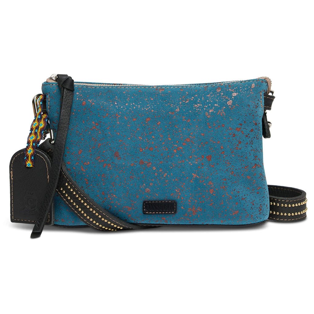 Consuela Nilo Midtown Crossbody in slate blue suede with bronze metallic flecks
