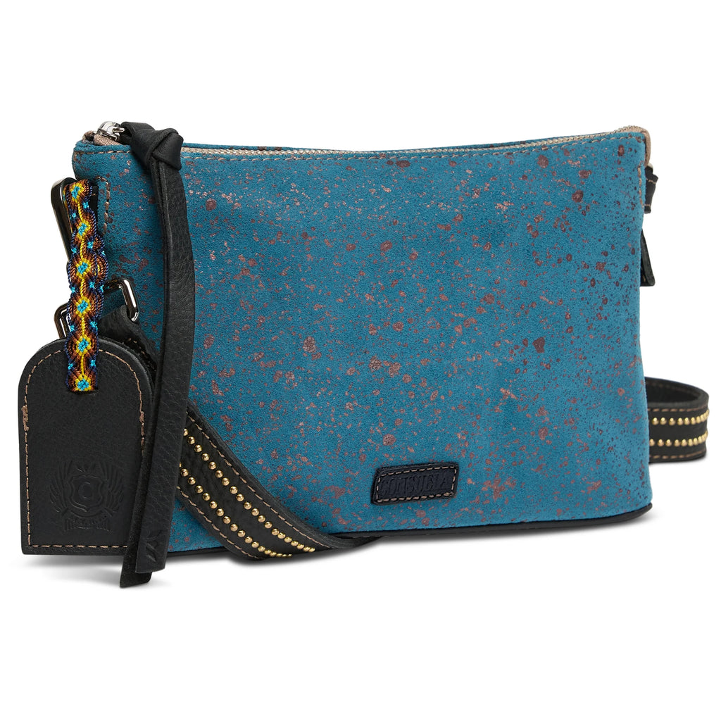 Consuela Nilo Midtown Crossbody in slate blue suede with bronze metallic flecks
