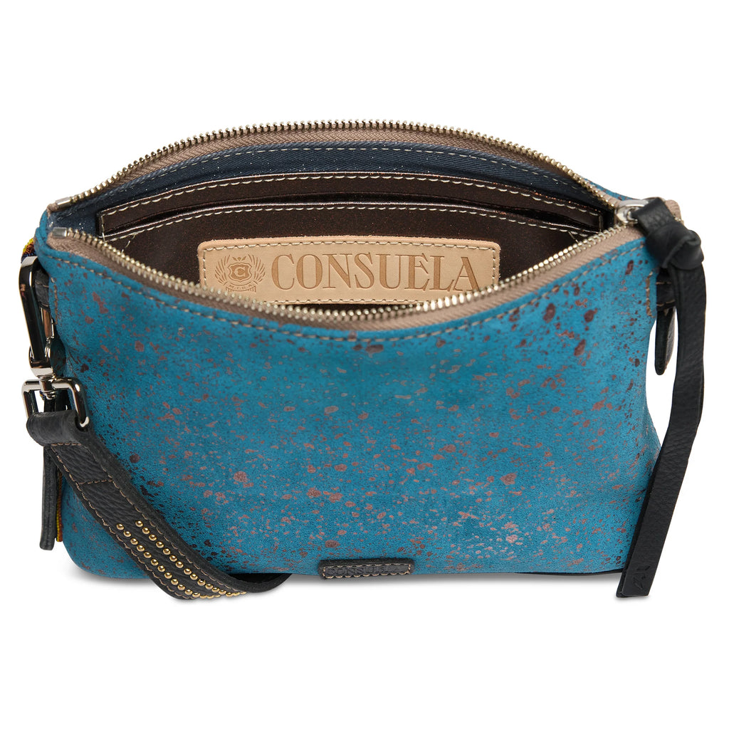 Consuela Nilo Midtown Crossbody in slate blue suede with bronze metallic flecks