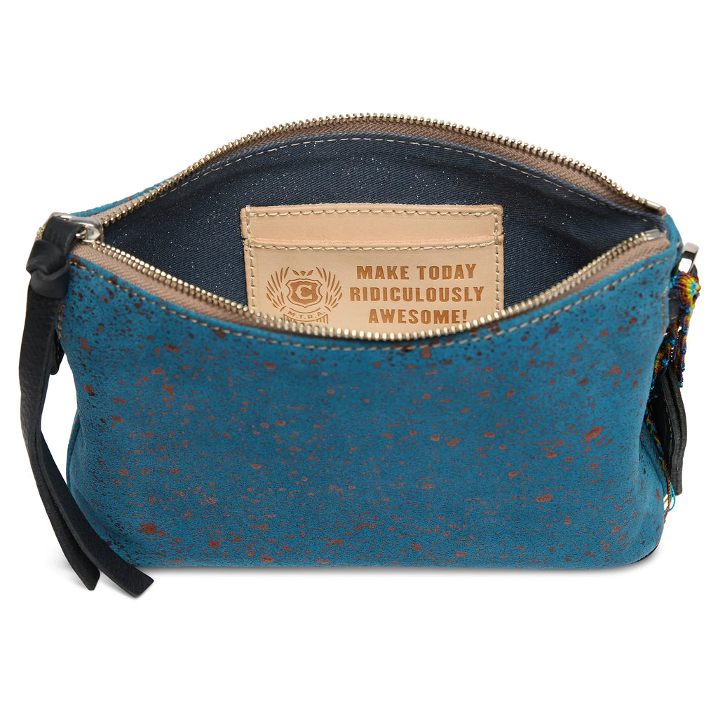 Consuela Nilo Midtown Crossbody in slate blue suede with bronze metallic flecks