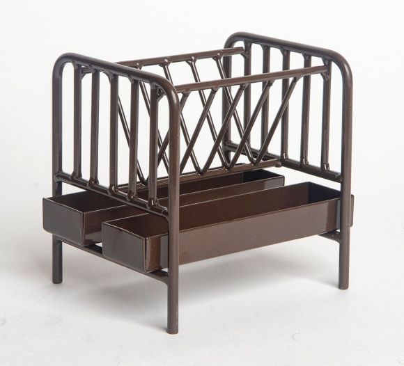 Little Buster brown all-metal Priefert pasture horse feeder toy with hay rack and dual grain tubs