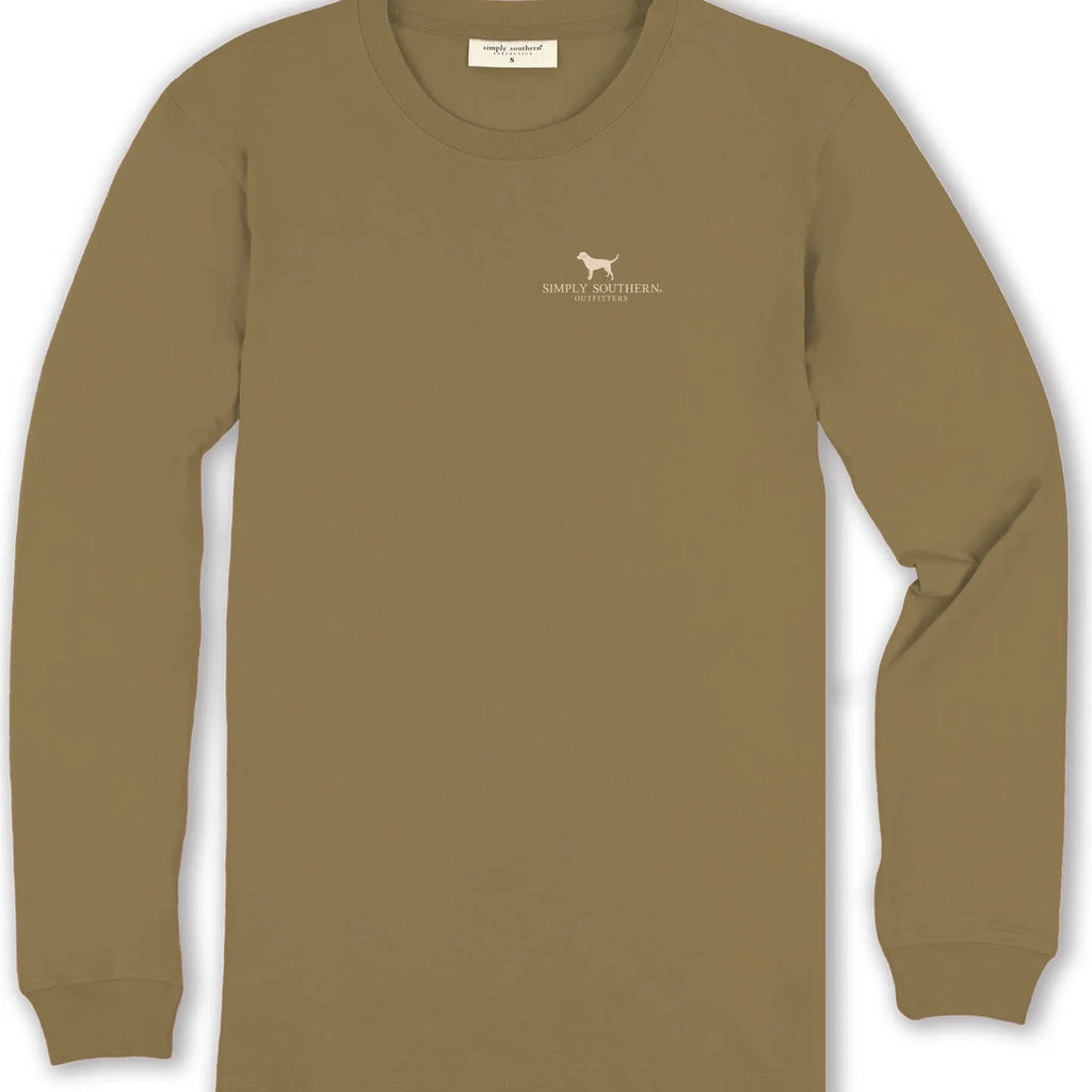 Simply Southern men’s Tupelo Green long sleeve tee with whiskey bottle and “Call me old fashioned” graphic