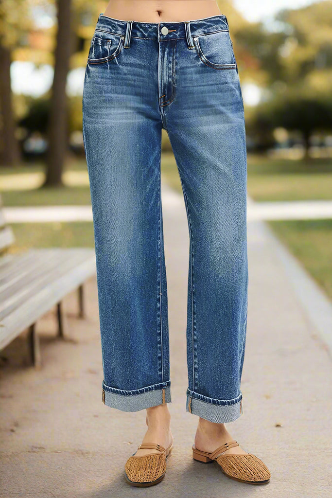 Risen Mid Rise Ankle Boyfriend Jeans front view cuffed