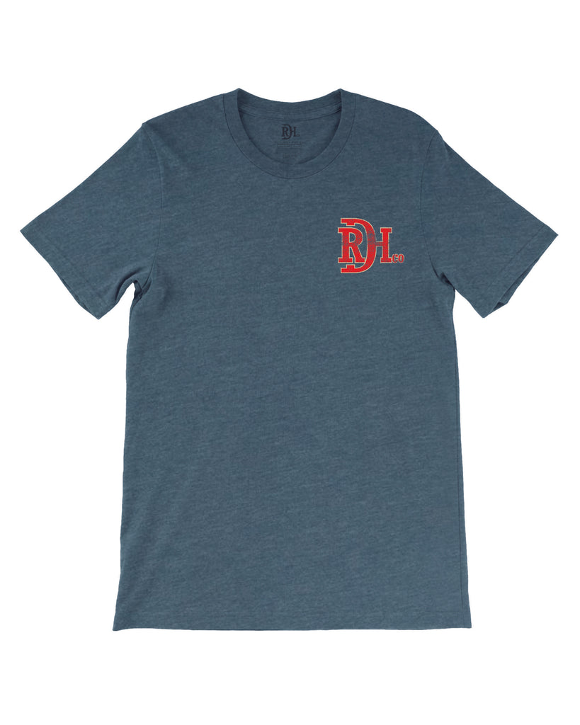 Red Dirt Hat Co. heather teal Vintage Aztec t-shirt with RDH front logo and bold back graphic