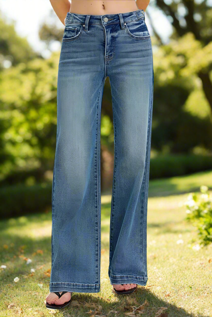 risen denim wide leg blue jeans