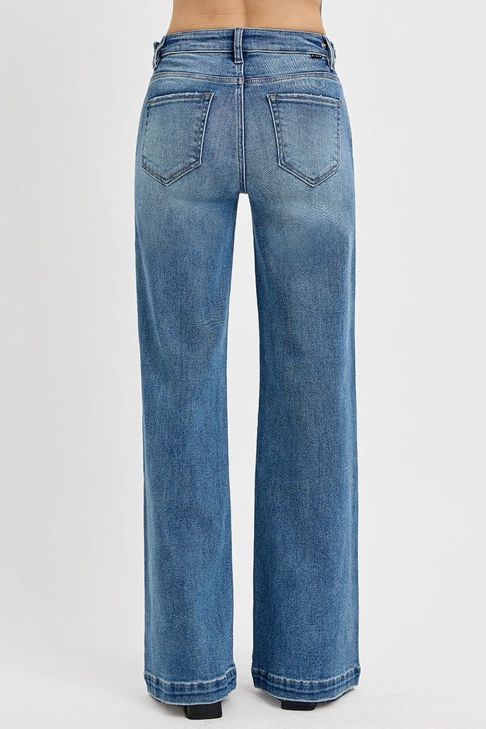 risen denim blue jeans from the back