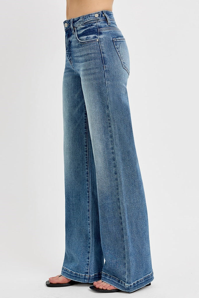 risen wide leg denim blue jeans