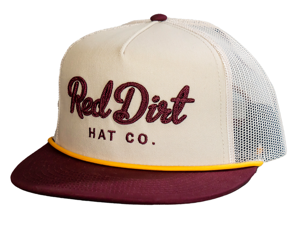 Red Dirt Hat Co. Cowboy Roy Cap with cream front, maroon bill, yellow rope, and white mesh back