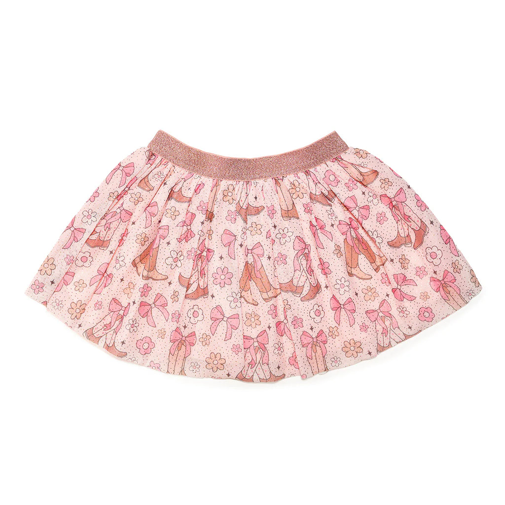 Pink tulle tutu skirt with printed western boots, bows, and flowers, featuring glitter waistband and soft lining


