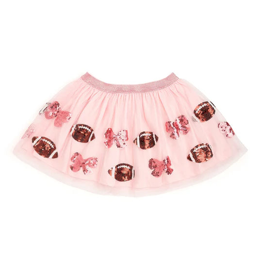 Girls pink football tutu with sequin footballs and glitter bows – soft cotton-lined game day 

