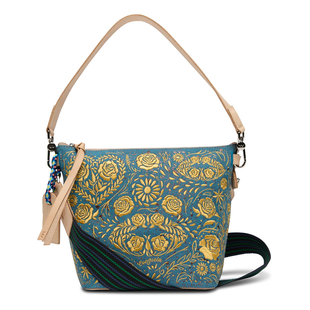 Consuela Shiloh Wedge bag with embroidered floral suede and bronze metallic accents.