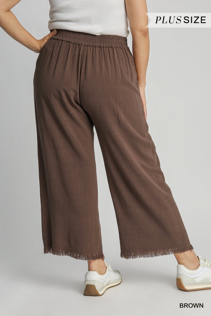 Linen Blend Wide Leg Pants with Frayed Hem | Elastic Waist