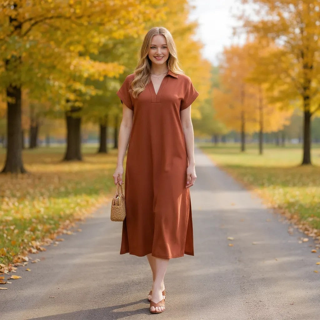 Woman wearing rust knit midi dress with split collar and side slit