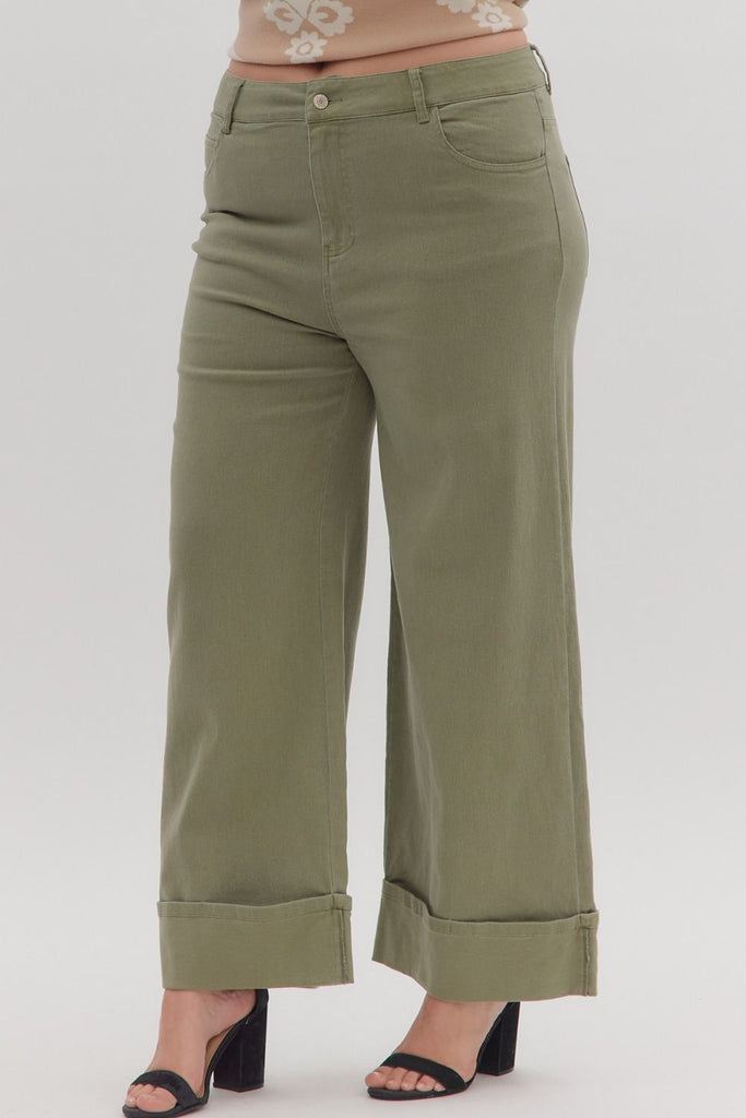 Olive wide-leg ankle pants with mid-rise fit, cuffed hem, and jean-style pockets. 