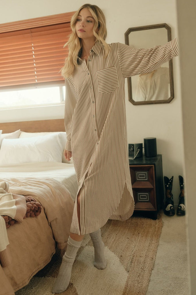 The Easy Stripe Midi – long sleeve striped shirt dress with pockets