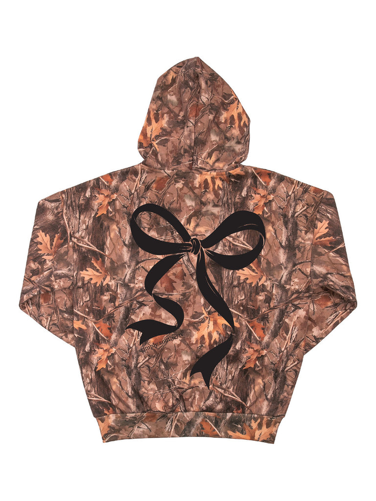 Simply Southern camo hoodie with large black puff-ink bow on back and chest