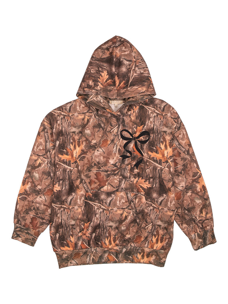 Simply Southern camo hoodie with large black puff-ink bow on back and chest