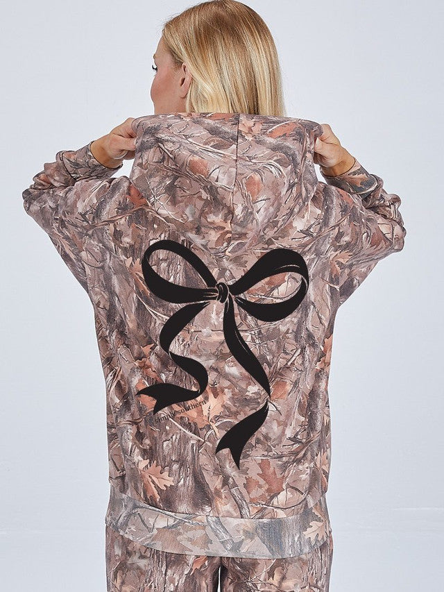 Simply Southern camo hoodie with large black puff-ink bow on back and chest