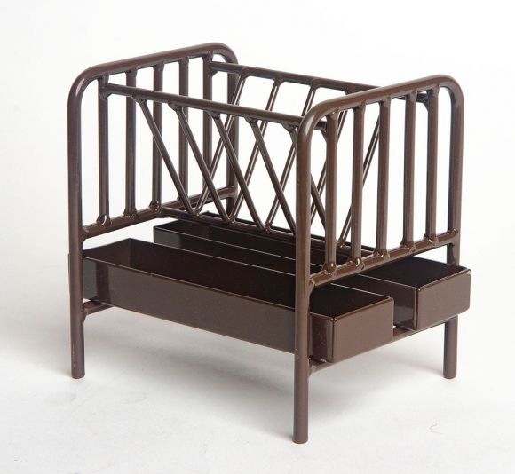 Little Buster brown all-metal Priefert pasture horse feeder toy with hay rack and dual grain tubs