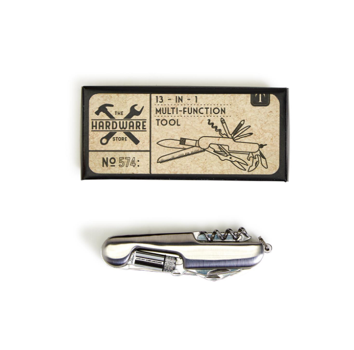 13-in-1 stainless steel multitool with LED light in gift box