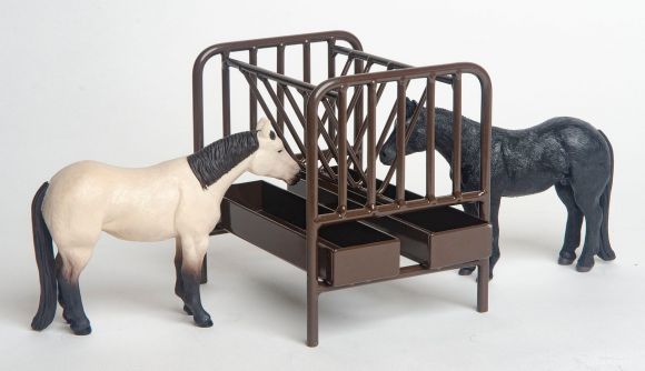 Little Buster brown all-metal Priefert pasture horse feeder toy with hay rack and dual grain tubs