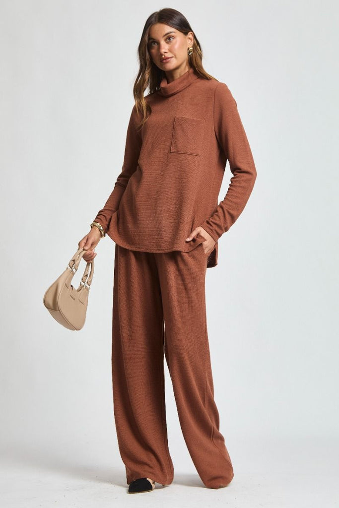 Chestnut loungewear set with wide-leg pants and open cardigan